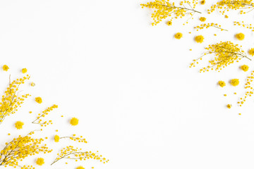 Flowers composition. Frame made of yellow flowers on white background. Spring concept. Flat lay,...
