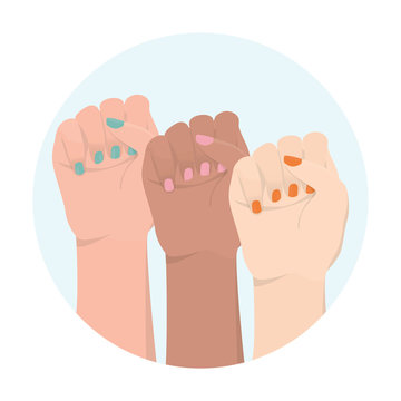 Multiracial woman hands with her fist raised up. Girl power