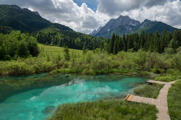 Lake in Zelenci Nature Reserve in Podkoren, Slovenia