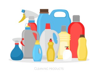 Cleaning products bottles. Isolated plastic packing set, detergent cleaner housekeeping objects vector illustration on white background
