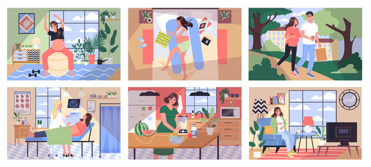Fototapeta premium Daily life during pregnancy. Young woman preparing to be mom.