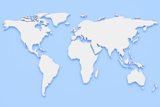 3d render world map white continents on a blue background. Empty world atlas with copy space