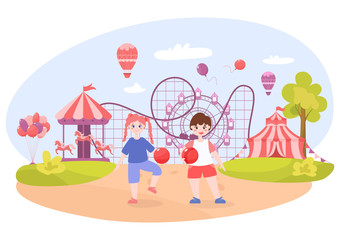 Obraz na płótnie Canvas Happy toddler in amusement park. Baby boy with balloons and girl in