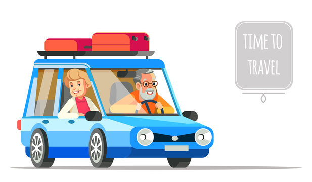 Elderly Couple Traveling Together In A Car. Older People Life Style Vector Flat Illustration And Life Adventure And Pleasure Enjoyment. Grandpa And Granny Couple Traveling By Car