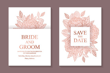 Set of luxury floral wedding invitation design or greeting card templates with rose gold and pink peonies and leaves on a white background.