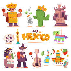Mexico cute elements vector cartoon set isolated on a white background.