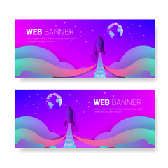 Web Banner Template, Launch a Rocket. Technology Banner. Vector