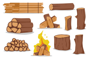 Log and firewood vector cartoon set isolated on white background.