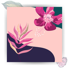 Tropical leaves in background. Monstera, Hibiscus and exotic decorative elements. Abstract pink, burgundy wallpaper for social media for stories. Palm flowers for summer design.
