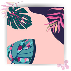 Tropical pink leaves in background. Monstera and exotic decorative elements. Abstract vector burgundy wallpaper for social media for stories. Palm flowers for summer design.