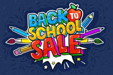 Concept of education. School background with hand drawn school supplies and comic speech bubble