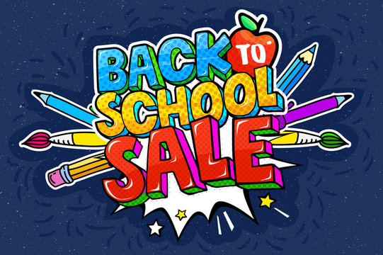 Concept of education. School background with hand drawn school supplies and comic speech bubble