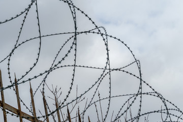 Barbed wire on a fence against a gray sky