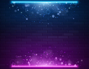 Retro Abstract Blue And Purple Neon Lights On Black Brick Wall - obrazy, fototapety, plakaty