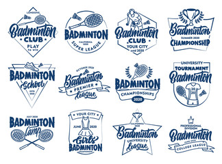 Set of vintage Badminton emblems and stamps. Badges, stickers on white background isolated. - obrazy, fototapety, plakaty