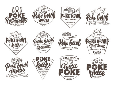 Set of vintage Poke emblems and stamps. Seafood badges, stickers on white background isolated
