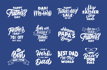Fototapeta premium Set of vintage Happy father's day phrases. Emblems, badges, templates, stickers on blue background