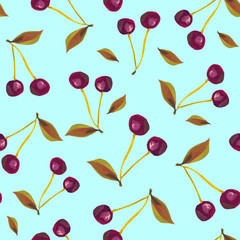 Cherry, cherry bright red berries seamless pattern. Hands drawn illustration in gouache. Design for wallpaper, background, fabric, textile, cafe, restaurant, resort, exotic, packaging.