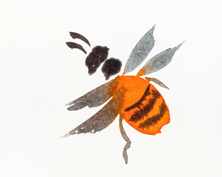 orange bee hand-drawn in sumi-e (suibokuga) style