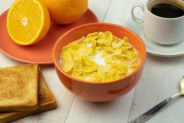 Milk with cereal in bowl morning kitchen