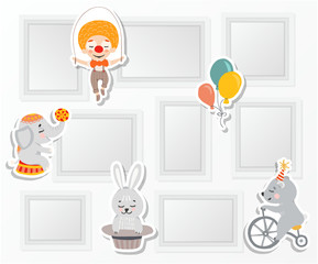 Realistic design photo frames on white background. Decorative template for baby, family or memories. Scrapbook concept, vector illustration. Birthday