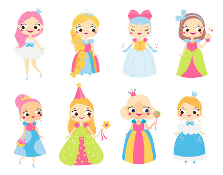 Cute princess fairy tales characters. Cartoon girls in beautiful dress