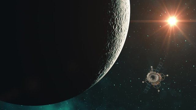 Interplanetary Space Station Orbiting The Moon. 4K. Ultra High Definition. 3D Animation. 