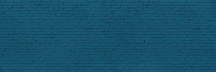 Panele Szklane  Panoramic Long And Wide Wall of Blue or Teal Bricks. Teal Wide Banner for Web With Textured Blue Surface. Luxury Facade or Face Wall in Trend Color.