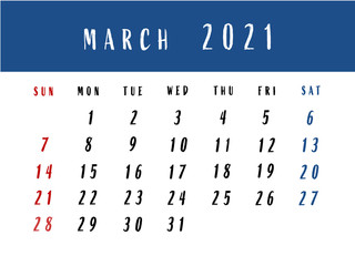 Calendar for March 2021.  Illustration.