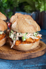 Pulled chicken sandwich with salad and bbq sauce