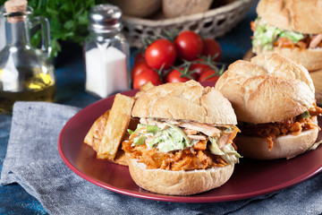 Pulled chicken sandwich with salad and bbq sauce
