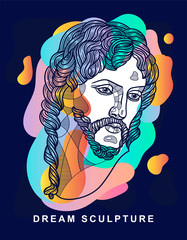 The Risen Christ sculpture. Dream style with colors spots on the violet background.