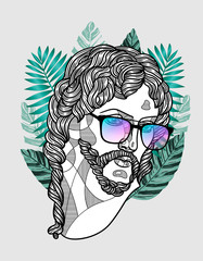 The Risen Christ sculpture. Hipster portrait with glasses and tropical leaves. Summer style.