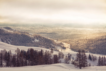 Beautiful winter landscape with mountains at sunrise. Altai. Russia