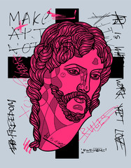 The Risen Christ sculpture. Crazy pink calligraphy