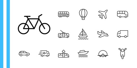 Set of Public Transport Related Vector Line Icons. Contains such Icons as Bus, Bike, Scooter, Car, balloon, Truck, Tram, Trolley, Sailboat, powerboat, Airplane and more. Editable Stroke. 32x32 Pixel