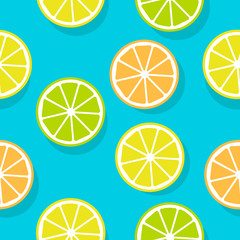 Summer seamless pattern with lemon, lime and orange slices with shadow, isolated on blue background. Vector illustration template for fabric, wallpaper, backgrounds, wrapping paper, package, covers