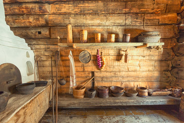 The interior of the rustic Russian hut