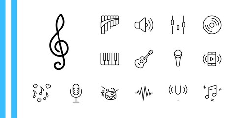 Set of Music Related Vector Line Icons. Contains such Icons as Pan Flute, Piano, Guitar, Treble Clef, In-ear and more. Editable Stroke. 32x32 Pixels