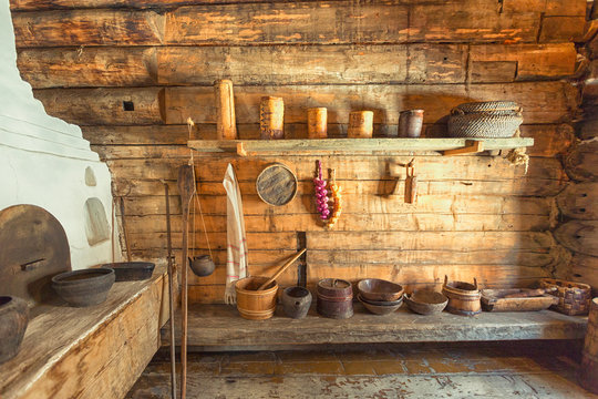 The Interior Of The Rustic Russian Hut