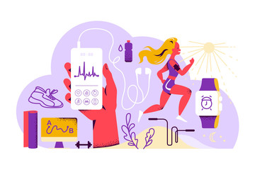 Healthy lifestyle concept with running woman in sport outfit, hand hold smartphone with fitness app interface, earphones, smart watch, yoga mat, water bottle, footwear etc. Vector flat illustration.
