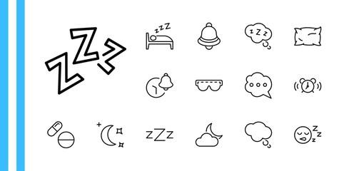 Obraz na płótnie Canvas Sleep Vector Line Icons Set. Contains such Icons as Alarm Clock, Bed, Insomnia, Pillow, Sleeping Pills, Bell, Glasses for sleep, Bubble and more. Editable Stroke. 32x32 Pixels