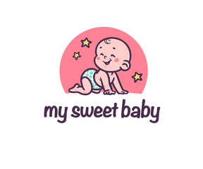 Sweet baby logotype with cute small baby boy silhouette  crawl laughing isolated on white background. Baby shop emblem, baby care, happy motherhood sign, symbol. Vector flat illustration.