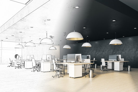 Drawing office interior hall with computers