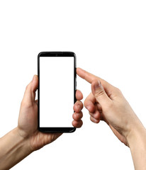 Hands are holding a smartphone. Isolated with copy space