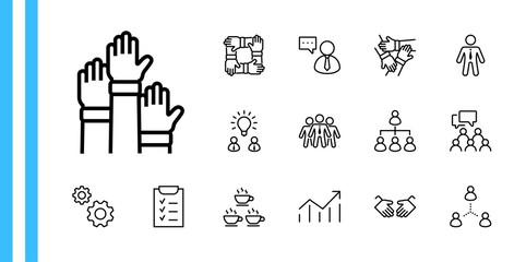Set of Team Work Related Vector Line Icons. Contains such Icons as Handshake, Check, Idea, Coffee, Gears, Cooperation, Collaboration, Team Meeting and more. Editable Stroke. 32x32 Pixels