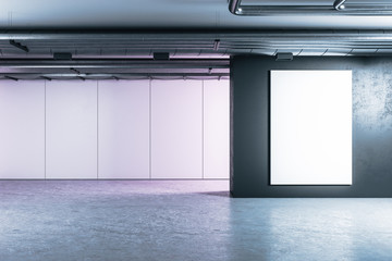 Urban concrete interior with blank banner on wall.