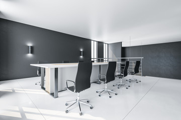 Minimalistic conference interior with copy space on black wall.