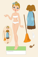 A paper doll representing Cinderella before the dance while cleaning the house