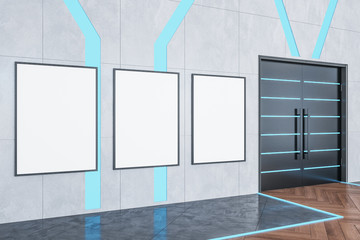 Futuristic hall interior with three blank poster